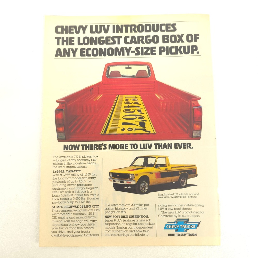 Vintage Chevy LUV Pickup Truck Print Ad Garage Decor Wall Art Collector Display